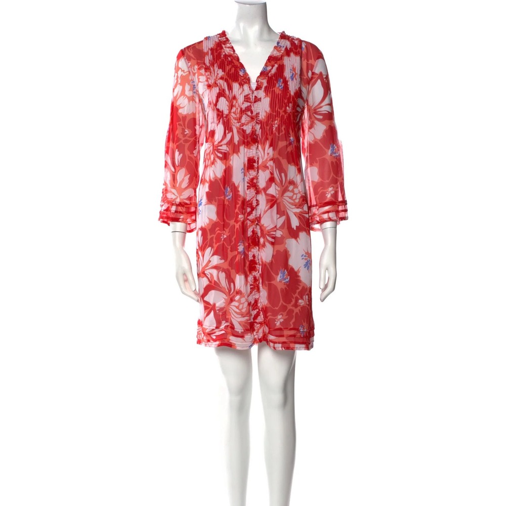 Diane Von Furstenberg Women 100% SILK Sheer Dress 6 Red Floral Pleated Luxury